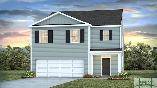 view of front of home featuring a lawn, driveway, board and batten siding, a garage, and roof with shingles