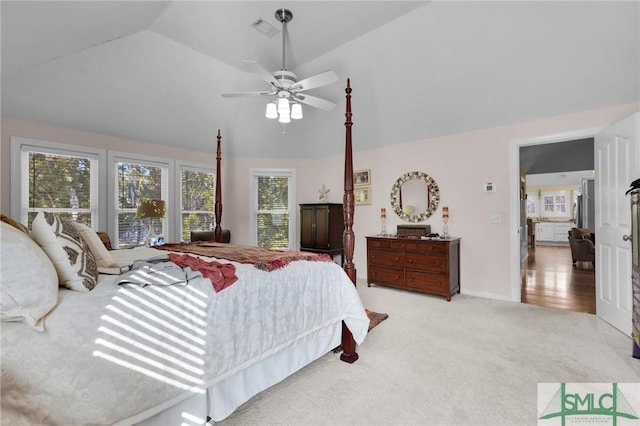 116 Brevard Ct, Savannah, GA 31410 - bedroom featuring vaulted ceiling, light colored carpet, ceiling fan, and baseboards