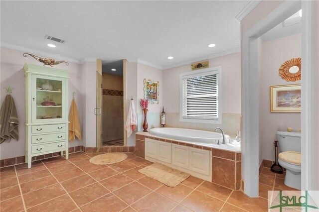 116 Brevard Ct, Savannah, GA 31410 - full bathroom with a garden tub, ornamental molding, tile patterned floors, toilet, and a shower stall