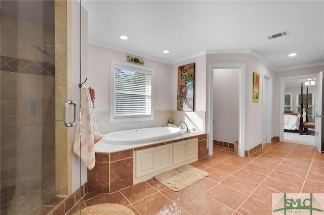 116 Brevard Ct, Savannah, GA 31410 - bathroom with a garden tub, a shower stall, crown molding, ensuite bathroom, and tile patterned flooring