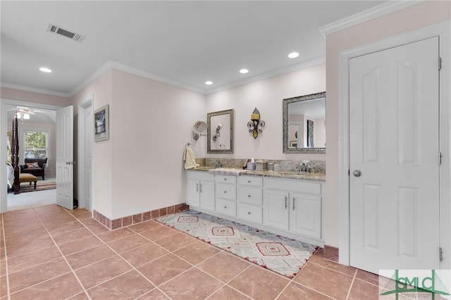 116 Brevard Ct, Savannah, GA 31410 - full bathroom with double vanity, recessed lighting, ornamental molding, baseboards, and tile patterned flooring