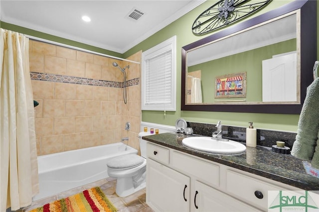 116 Brevard Ct, Savannah, GA 31410 - bathroom featuring vanity, shower / bath combination with curtain, toilet, ornamental molding, and tile patterned floors