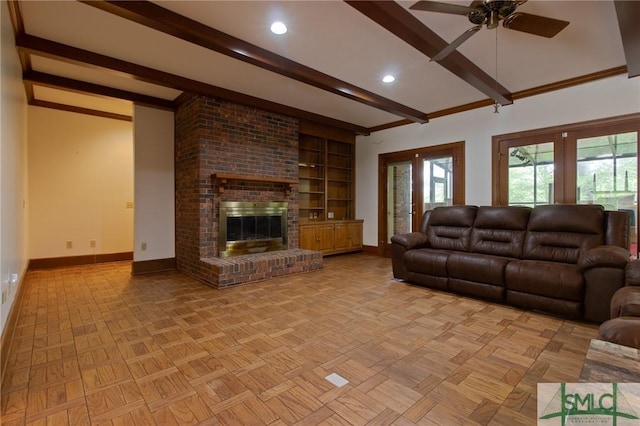 living room with baseboards, recessed lighting, a fireplace, beamed ceiling, and ceiling fan