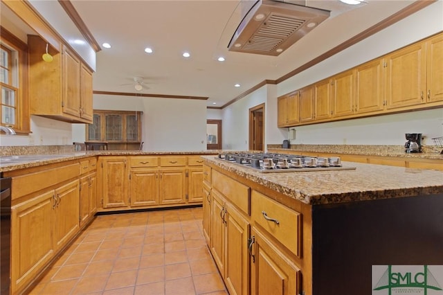 kitchen with light tile patterned floors, a sink, ornamental molding, recessed lighting, and stainless steel gas cooktop