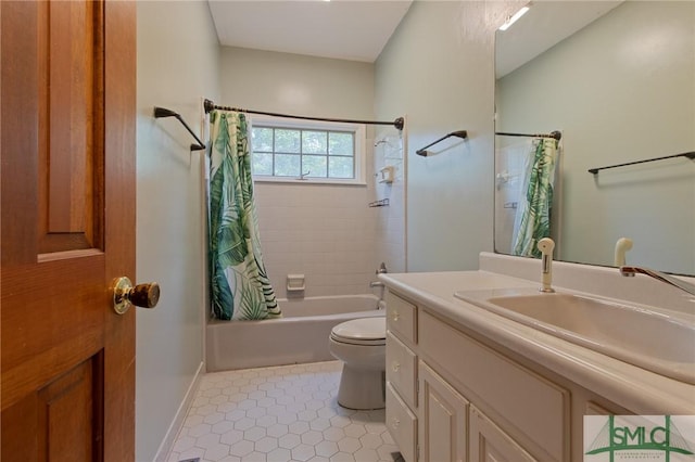 bathroom with vanity, baseboards, shower / bath combo, tile patterned floors, and toilet