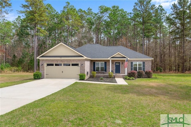 view of front of property with a garage, a front yard, brick siding, and concrete driveway