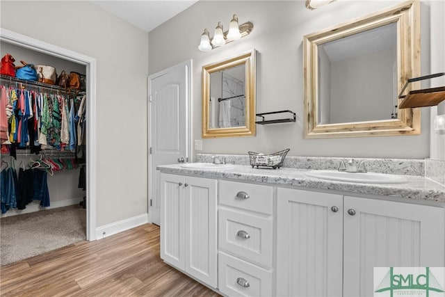 bathroom featuring a sink, a spacious closet, double vanity, and wood finished floors