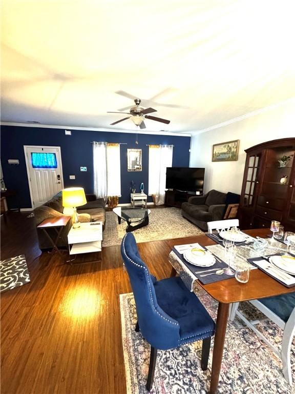 226 Ventura Pl, Pooler, GA 31322 - living area featuring ceiling fan, wood finished floors, and ornamental molding