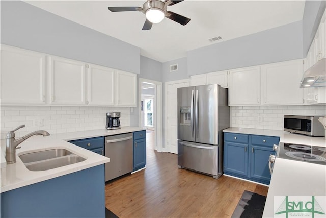 5 Wigmore Cir, Savannah, GA 31410 - kitchen with stainless steel appliances, white cabinets, a sink, and blue cabinets