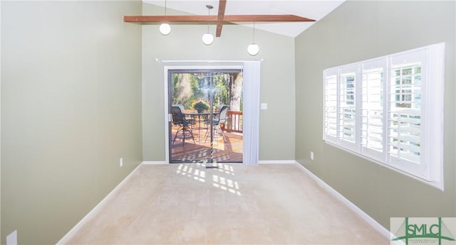 3411 Ponderosa Rd, Portal, GA 30450 - interior space featuring high vaulted ceiling, baseboards, and beamed ceiling