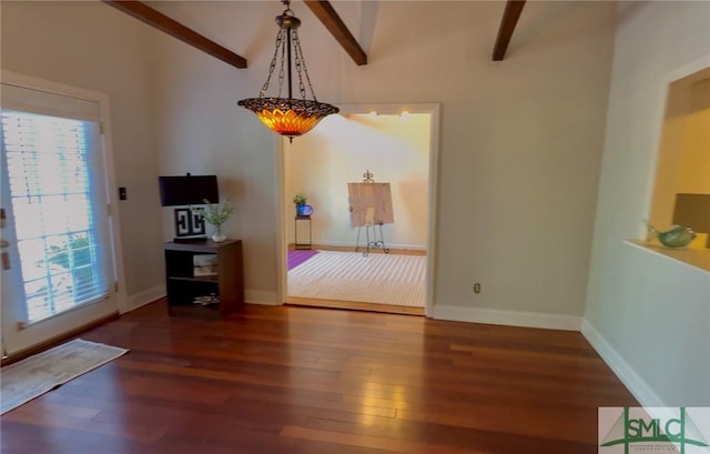 3411 Ponderosa Rd, Portal, GA 30450 - unfurnished dining area featuring a wealth of natural light, vaulted ceiling with beams, wood finished floors, and baseboards
