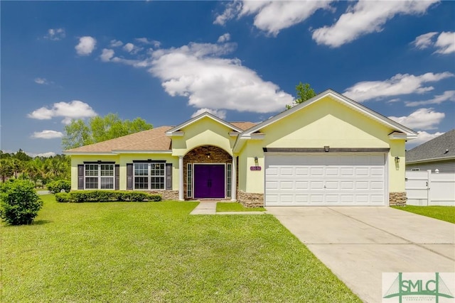 single story home with a garage, stucco siding, stone siding, a front lawn, and driveway