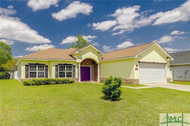 view of front of property with stucco siding, a front yard, stone siding, a garage, and concrete driveway