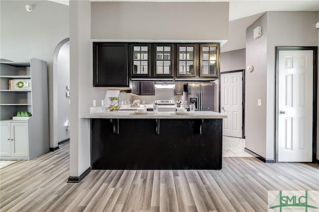 kitchen featuring light countertops, arched walkways, light wood-style floors, and stainless steel appliances