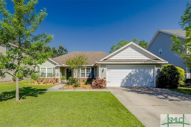 ranch-style house featuring a garage, a front lawn, and concrete driveway