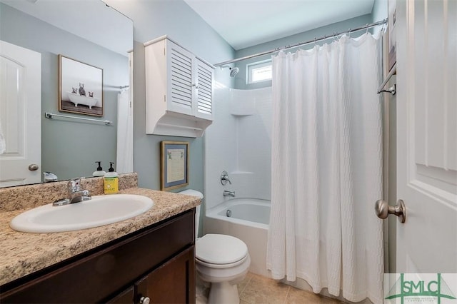 full bathroom featuring shower / tub combo with curtain, vanity, toilet, and tile patterned flooring