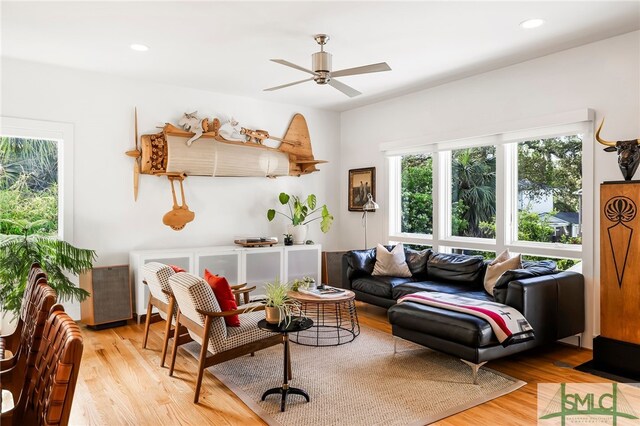 1111 Laurel Ave, Tybee Island, GA 31328 - living area featuring wood finished floors, a ceiling fan, and recessed lighting