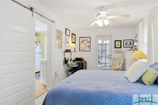 712 2nd Ave, Tybee Island, GA 31328 - bedroom featuring freestanding refrigerator, a ceiling fan, and light wood-style flooring