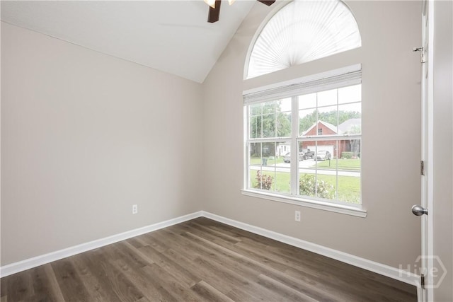 111 Tappan Zee Dr, Pooler, GA 31322 - spare room featuring a ceiling fan, baseboards, lofted ceiling, and dark wood-style flooring