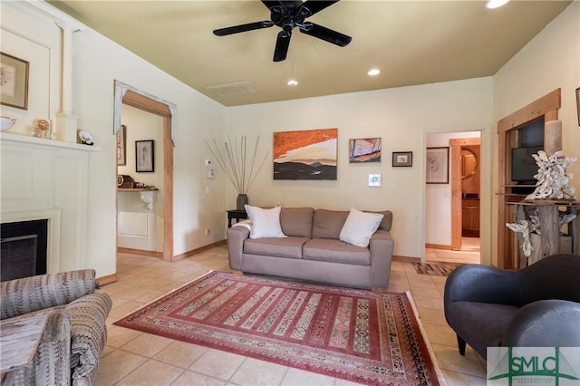 103 Church St, Bloomingdale, GA 31302 - living room featuring recessed lighting, light tile patterned floors, a fireplace, and a ceiling fan