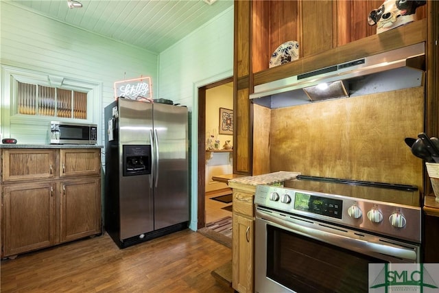 103 Church St, Bloomingdale, GA 31302 - kitchen featuring wood ceiling, appliances with stainless steel finishes, dark wood finished floors, and under cabinet range hood