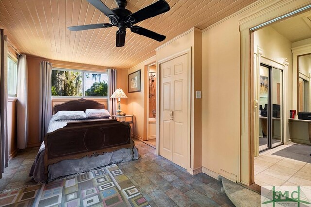 103 Church St, Bloomingdale, GA 31302 - bedroom with stone finish floor, baseboards, wooden ceiling, and ceiling fan