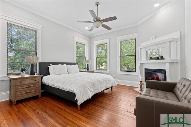 bedroom featuring baseboards, multiple windows, and a glass covered fireplace