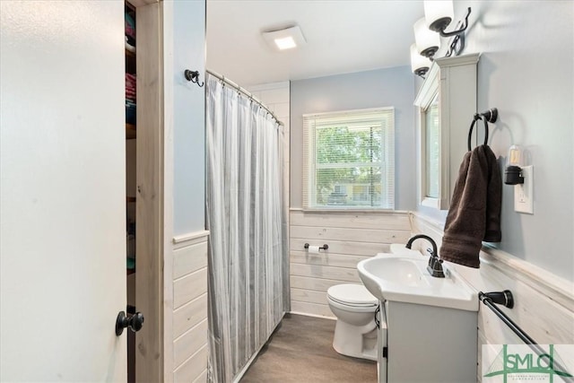 full bathroom featuring toilet, vanity, and a shower with shower curtain