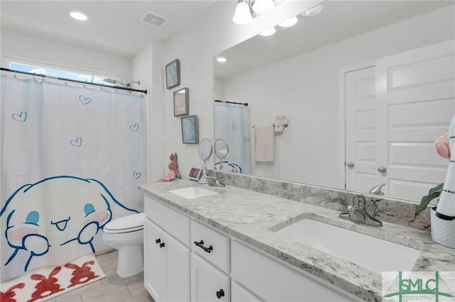 full bathroom with a sink, visible vents, toilet, and tile patterned floors