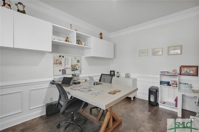 home office featuring a decorative wall, crown molding, and dark wood-style floors