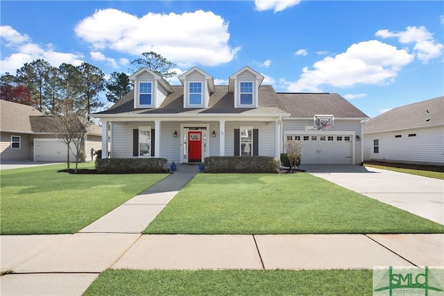 cape cod house featuring a front yard, driveway, and an attached garage