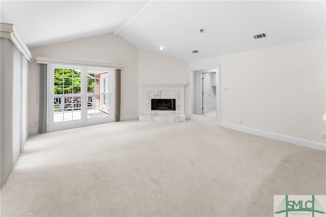 16 Oak Park Pt, Savannah, GA 31405 - unfurnished living room featuring visible vents, a fireplace, light carpet, baseboards, and vaulted ceiling with beams