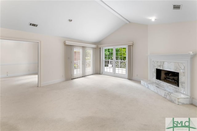 16 Oak Park Pt, Savannah, GA 31405 - unfurnished living room with baseboards, visible vents, carpet, and lofted ceiling