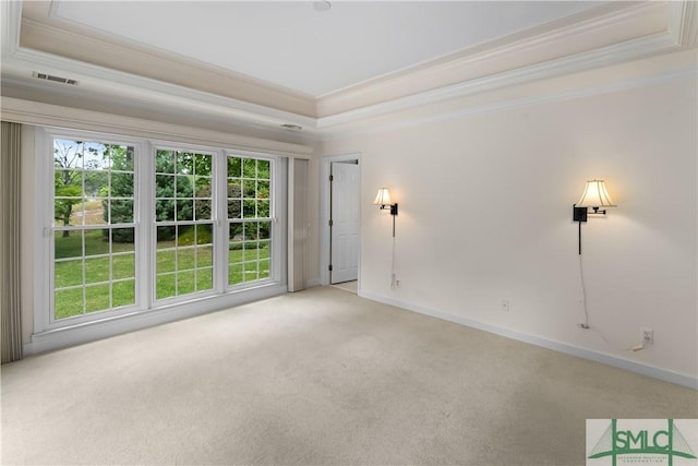 16 Oak Park Pt, Savannah, GA 31405 - empty room with carpet flooring, a raised ceiling, baseboards, visible vents, and ornamental molding