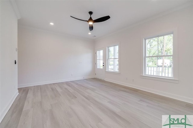 1615 Le Grand St, Savannah, GA 31401 - unfurnished room with a ceiling fan, baseboards, light wood-style floors, and crown molding