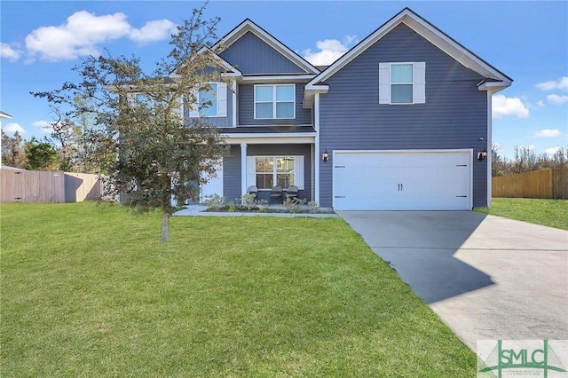 view of front of home featuring concrete driveway, fence, a front yard, and a garage