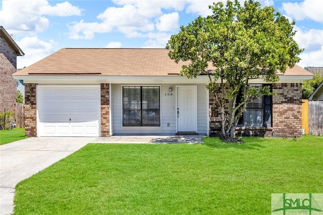 ranch-style home featuring concrete driveway, a front lawn, an attached garage, brick siding, and roof with shingles