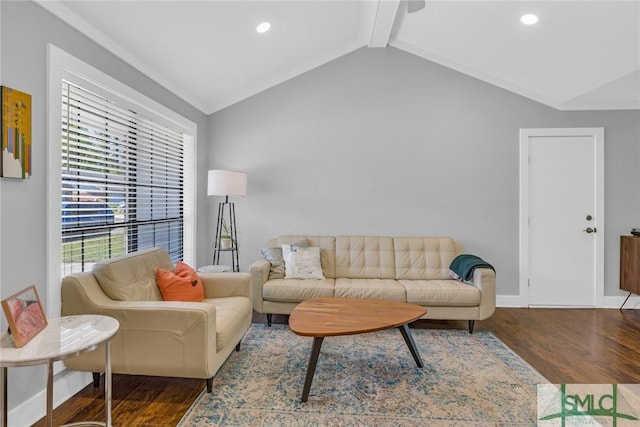 living area featuring baseboards, wood finished floors, vaulted ceiling with beams, and recessed lighting
