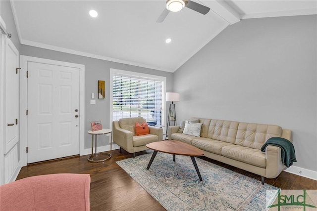 living room with recessed lighting, wood finished floors, vaulted ceiling with beams, baseboards, and ceiling fan
