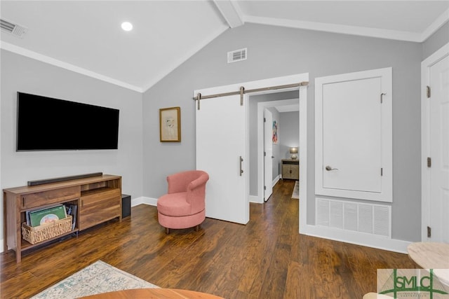 living area featuring a barn door, wood finished floors, visible vents, vaulted ceiling with beams, and baseboards