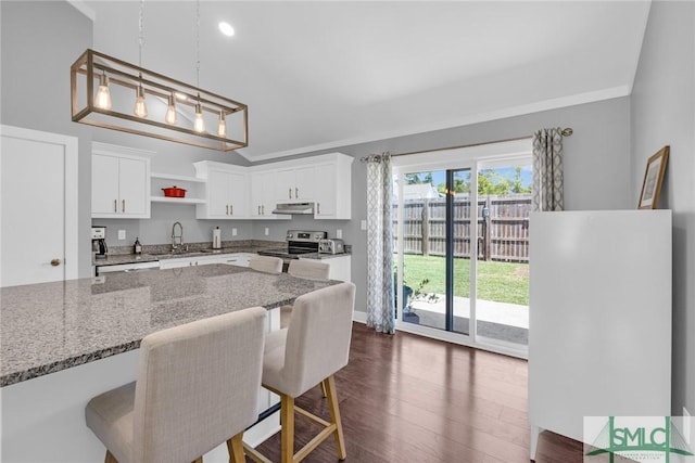 kitchen with white cabinets, dark wood finished floors, open shelves, light stone countertops, and electric stove