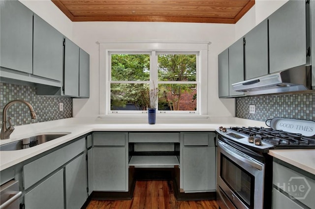 128 E 48th St, Savannah, GA 31405 - kitchen featuring stainless steel range with gas cooktop, gray cabinets, under cabinet range hood, dark wood-style flooring, and backsplash