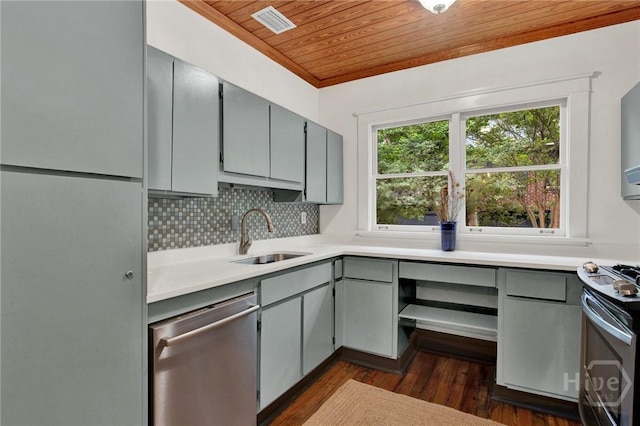 128 E 48th St, Savannah, GA 31405 - kitchen with stainless steel appliances, gray cabinets, wooden ceiling, dark wood finished floors, and crown molding