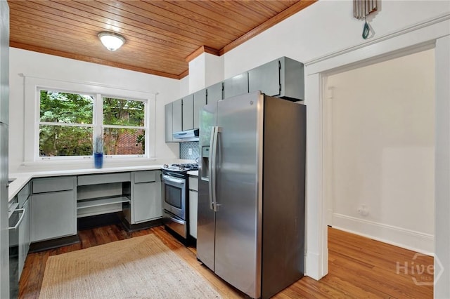 128 E 48th St, Savannah, GA 31405 - kitchen with stainless steel appliances, gray cabinetry, built in desk, wooden ceiling, and under cabinet range hood