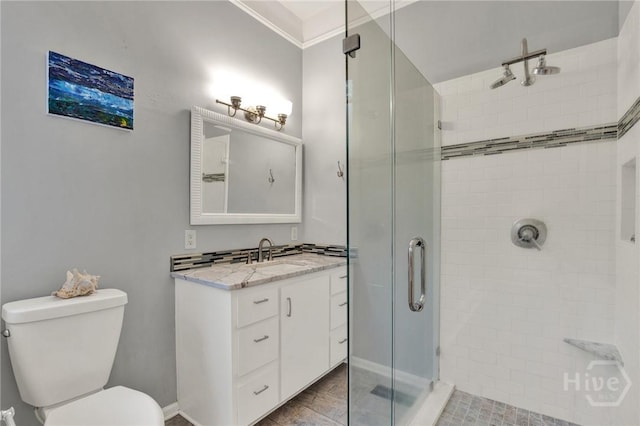 128 E 48th St, Savannah, GA 31405 - bathroom featuring a stall shower, vanity, and ornamental molding
