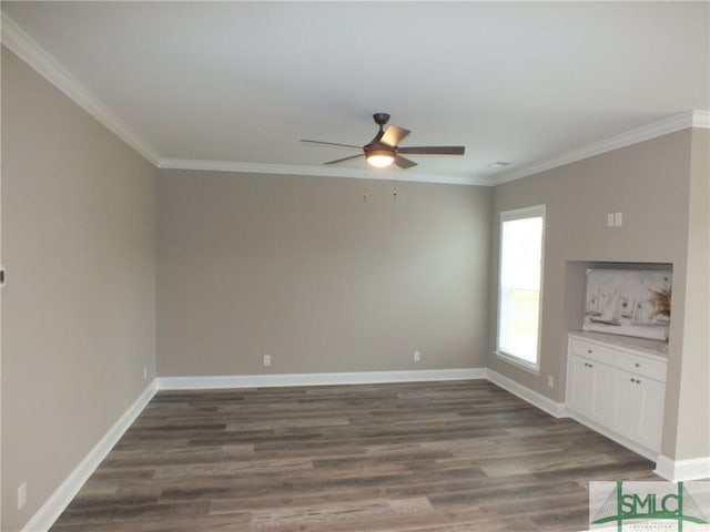 unfurnished living room with dark wood finished floors, baseboards, and a ceiling fan