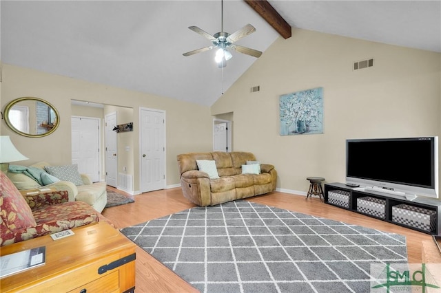 living room featuring high vaulted ceiling, beamed ceiling, wood finished floors, and visible vents