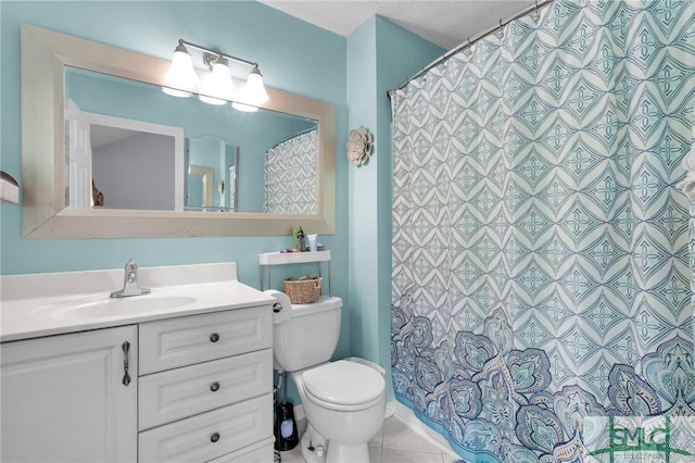 full bath featuring vanity, toilet, tile patterned flooring, and curtained shower
