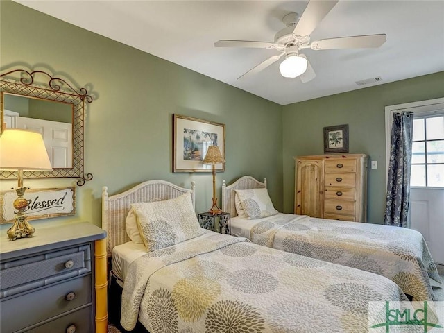 bedroom featuring a ceiling fan and visible vents