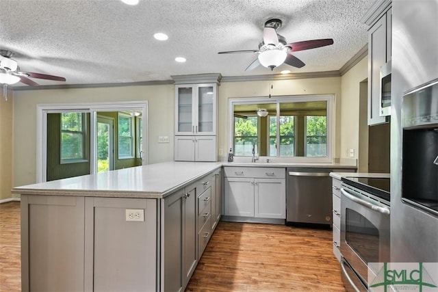 kitchen featuring a peninsula, a ceiling fan, plenty of natural light, and appliances with stainless steel finishes